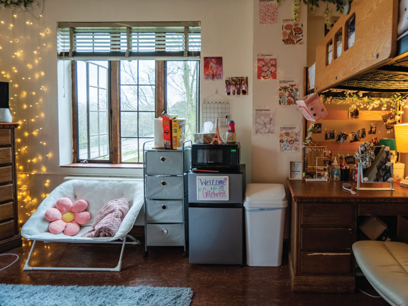 Cozy dorm room with a large window, comfy chair, microwave, fridge, desk, and decorated walls.