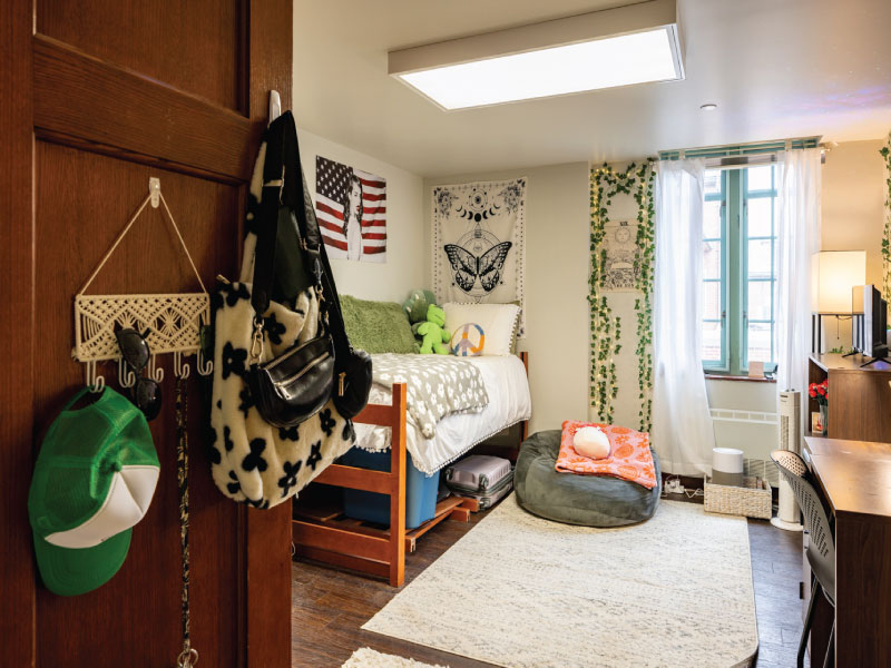 A cozy dorm room with decor including tapestries, ivy, and a plush toy-adorned bed, alongside a desk with a computer and a large window.